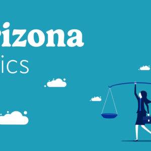 Arizona Ethics text with illustration of woman holding up scale.