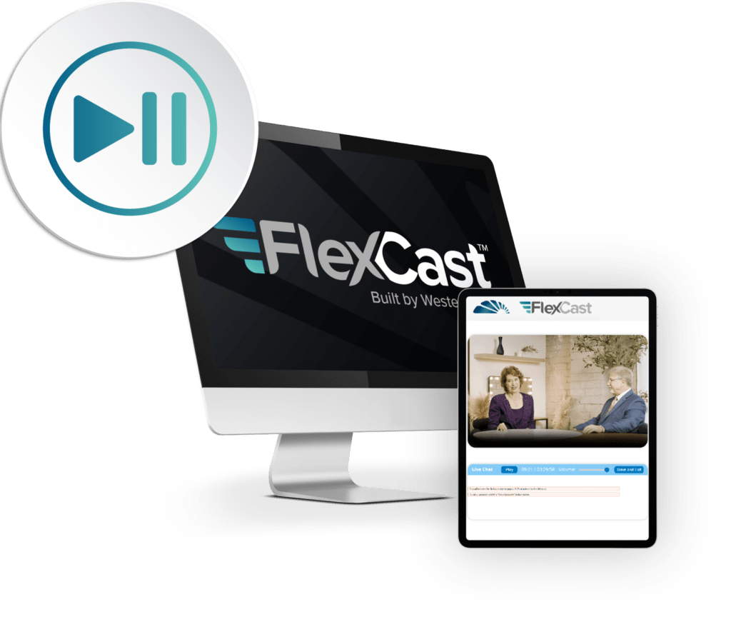 Device screens displaying Flexcast Webcast platform with pause/play icon over top