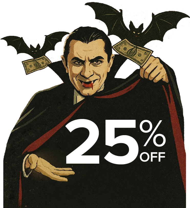 Dracula-25-off-CPE-Tax Dracula with bats carrying dollar bills pointing to 25% off