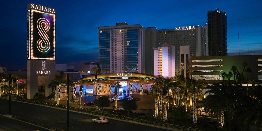 Front facade of Sahara Las Vegas at night