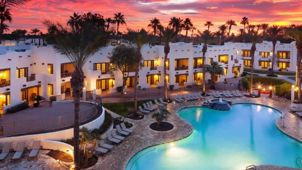 Outdoor pool in the evening at The Wigwam, Phoenix
