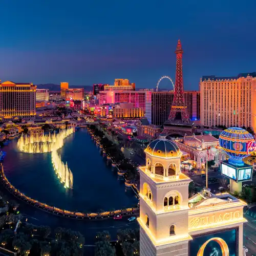 Fountain and city lights at night in Las Vegas, Nevada