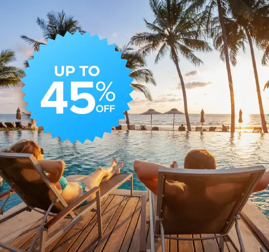 Couple lounging at a resort conference with text reading up to 45 percent off