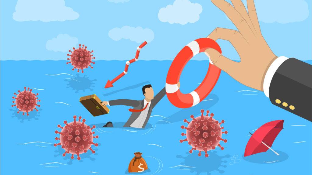 Business man being saved from drowning in viruses and debt.