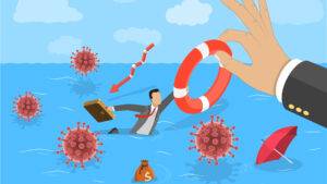 Business man being saved from drowning in viruses and debt.