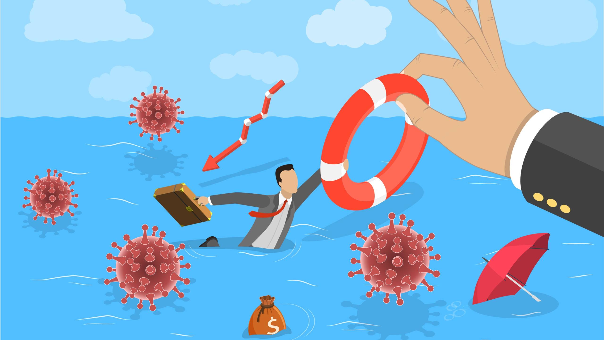 Business man being saved from drowning in viruses and debt.