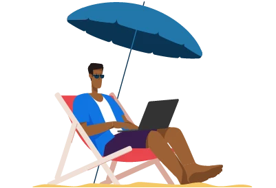 Man working on laptop under sun umbrella