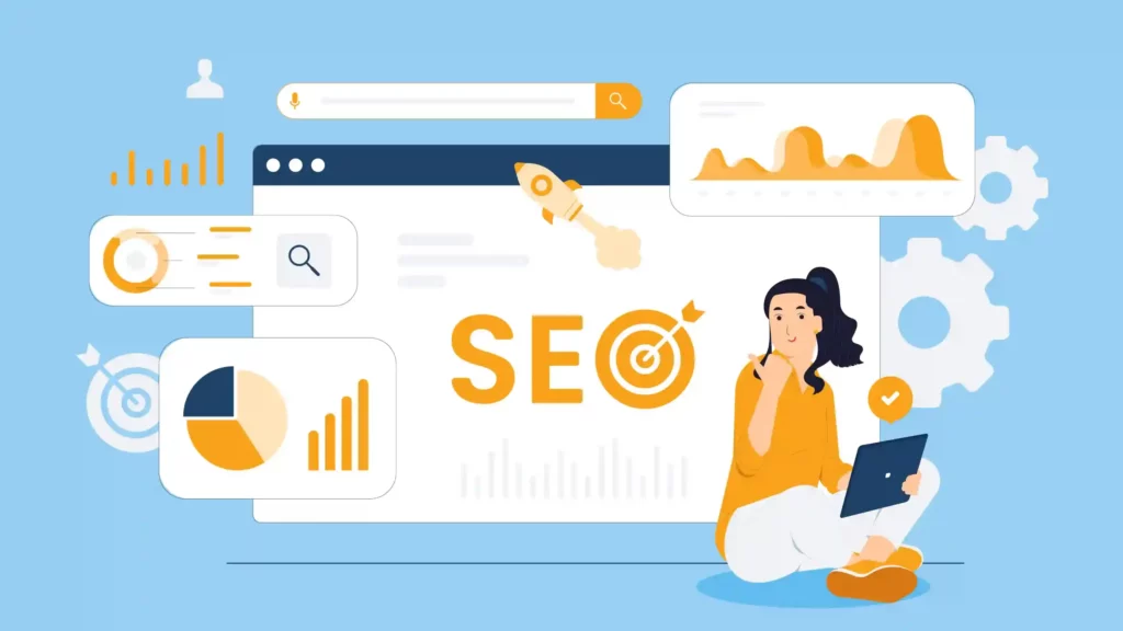 Sitting woman with laptop pointing to SEO concept rocket charts data