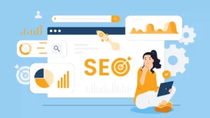 Sitting woman with laptop pointing to SEO concept rocket charts data