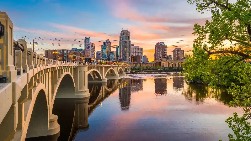 Minneapolis Bridge and Skyline at Sunset